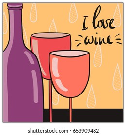 Simple vector handdrawn illustration with wine glasses and the bottle of wine.