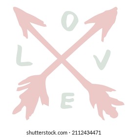 Sencillo símbolo vectorial, dibujado a mano, de flechas y letras cruzadas LOVE. Icono romántico rosa-azul claro para el diseño de vacaciones para San Valentín o Boda