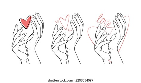 Simple vector hands. Line art. A man s hand and a woman s hand. Text with declaration of love. Red hearts