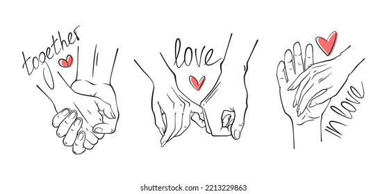 Simple vector hands. Line art. A man's hand and a woman's hand. Text about love. A few examples. Red heart