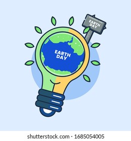 Simple Vector Happy Earth Day Flat Illustration with Lamp and Leaf 