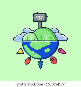 Simple Vector Happy Earth Day Illustración con placa de madera, árbol, molino de viento y nube