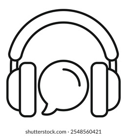 Simple vector of headphones with a speech bubble, evoking the concept of listening to a podcast or audio message