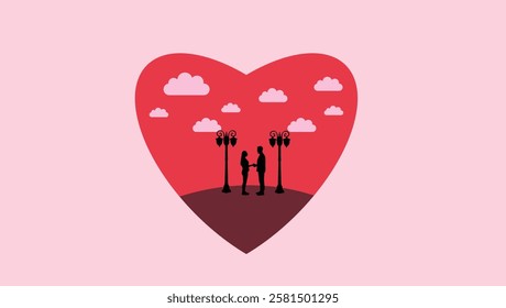 A Simple Vector Heart with a Silhouette Couple Inside on a Soft Pink Background