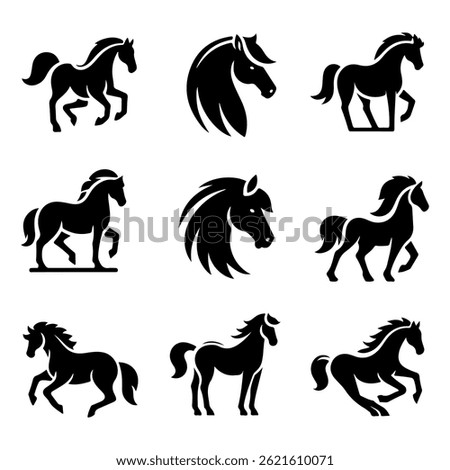 Simple vector horse icons. Clean silhouette design, editable and isolated on white. Great for mobile apps, logos, websites and animal icon sets.	
