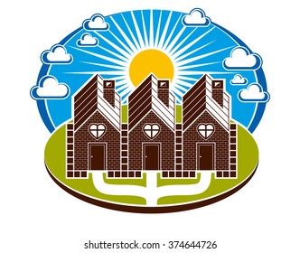 Simple vector houses constructed from bricks with pathway leading to them. Family harmony at home, love and relationship idea. Three buildings with heart symbol.