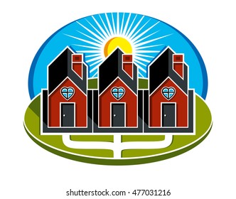 Simple vector houses with pathway leading to them. Family harmony at home, love and relationship idea. Three buildings with heart symbol.