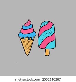 Simple vector of ice cream and popsicle. The ice cream is topped with blue and pink ice cream, and the popsicle is striped with pink and blue stripes.