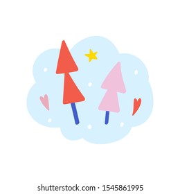 Simple vector icon arrangement with fir trees and snowflakes, decorated with doodles, good as card, banner or logo. Flat cute doodle cartoon style.