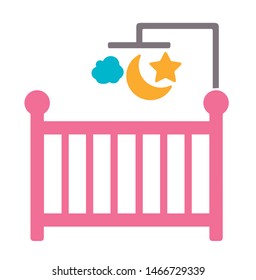 Simple vector icon of a baby crib with star, moon and cloud mobile  