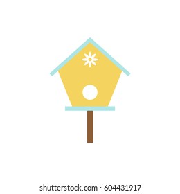 Simple vector icon of birdhouse with daisy.
