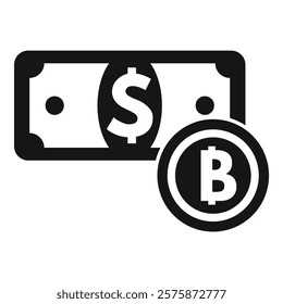 Simple vector icon of a bitcoin replacing a dollar bill, representing the concept of cryptocurrency and financial technology