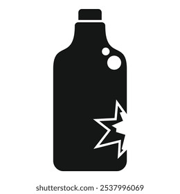 Simple vector icon of a black bottle of detergent with a damaged packaging