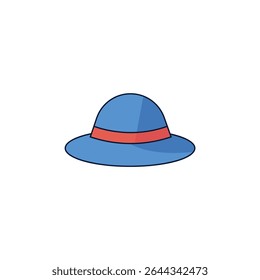 Simple vector icon of a blue beach hat with a red band, symbolizing summer, vacation, and sun protection. Ideal for travel and outdoor designs.