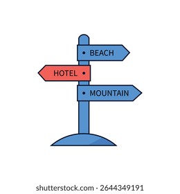 Simples ícone vetorial de um poste azul com setas apontando para "Praia", "Hotel" e "Montanha". Ideal para viagens, turismo e projetos de navegação.