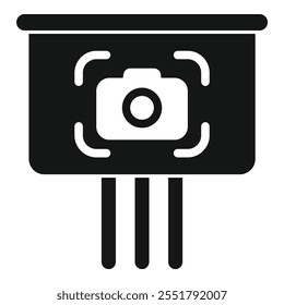 Simple vector icon of a camera focusing on a blackboard with a tripod, representing photography class
