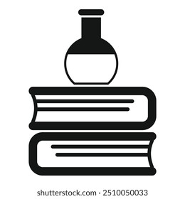 Simple vector icon of a chemistry flask standing on a stack of books, representing scientific research and education