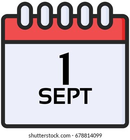 Simple Vector Icon of a classic calender for first of september in flat style. Pixel perfect. Basic education element. School theme. Back to college.