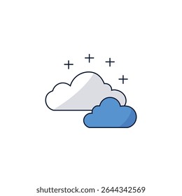 Simple vector icon of clouds with stars, symbolizing weather or nighttime sky. Ideal for weather apps, children's designs, whimsical themes, or any project related to sky, atmosphere, and imagination.