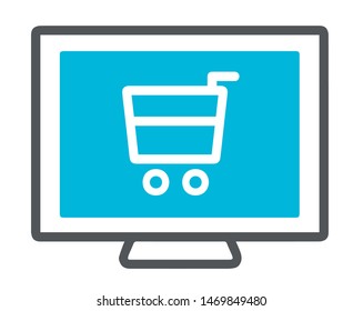 Simple vector icon of computer screen with shopping cart, symbol for online shopping