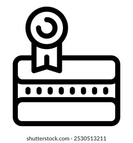 Simple vector icon of a credit card getting certified with a check mark ribbon, isolated on white background