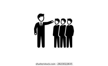 Simple vector icon depicting a boss or manager pointing at a line of three workers representing leadership and delegation