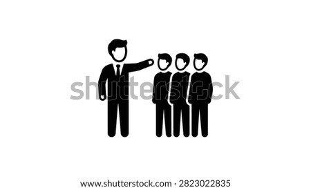 Simple vector icon depicting a boss or manager pointing at a line of three workers representing leadership and delegation