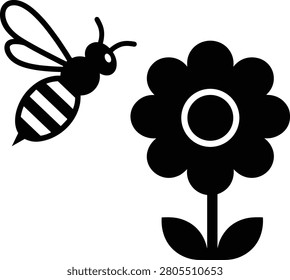 Simple vector icon depicting a honey bee approaching a blooming flower, symbolizing pollination, biodiversity, and the essential role of pollinators in healthy ecosystems. Ideal for agriculture, gardening, environmental education, beekeeping, and sustainability-related designs.