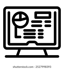 Simple vector icon of a desktop computer displaying a website with charts and data for analysis