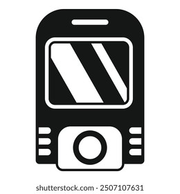 Simple vector icon of a digital camera, featuring a prominent lens and a minimalist design, ideal for representing photography