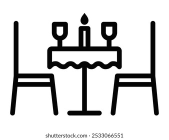 Simple vector icon of a dining table set with wine glasses and a candle, symbolizing romantic dinner or restaurant ambiance. Editable stroke.