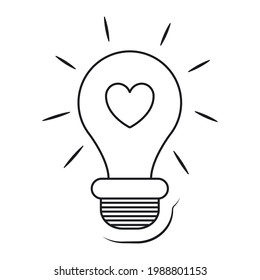 Icono vectorial simple de una lámpara eléctrica con corazón adentro y rayos de luz. Ilustración plana aislada sobre fondo blanco, amor o sentimientos inflamados. Etiqueta de arte de línea para el día de San Valentín.