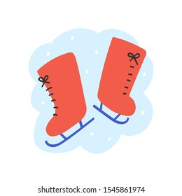 Simple vector icon emblem or logo with cute little ice skating boots for babies and kids for rink, cute modern drawing, good as card, banner or logo. Flat cute doodle cartoon style.