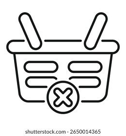 Simple vector icon of an empty shopping basket with a cross, representing an unsuccessful or cancelled purchase