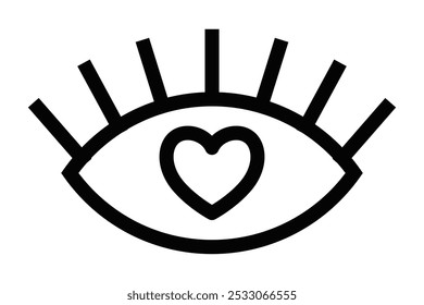 Simple vector icon of an eye with a heart in the center, symbolizing love, admiration, or care. Editable stroke.