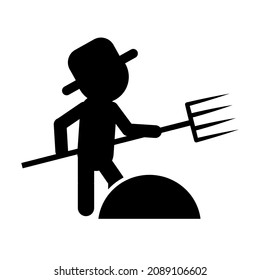 Simple ícono vectorial de un granjero con una horquilla y un montón de heno. Silueta plana en blanco y negro de un hombre con una herramienta agrícola en sus manos