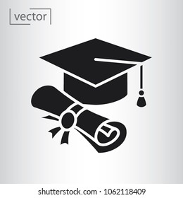 simple vector icon - flat design, illustration of Graduation cap and diploma scroll icon