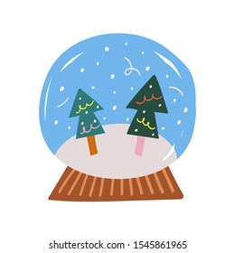 Simple vector icon with glass ball with fir trees and snowflakes, traditional christmas festive symbol, good as card, banner or logo. Flat cute doodle cartoon style.