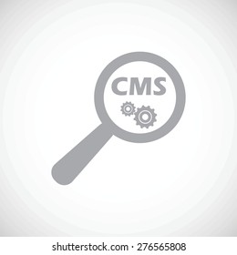 Simple vector icon with grey image of text CMS and gears under loupe