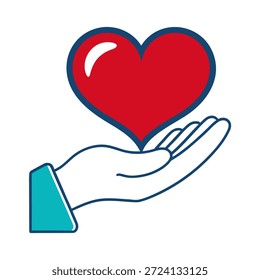 Simples ícone vetorial de uma mão segurando um símbolo de coração representando o cuidado, o amor, o apoio e a caridade.