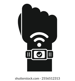 Simple vector icon of a hand wearing a smartwatch with a wifi signal icon above it, representing wireless connection