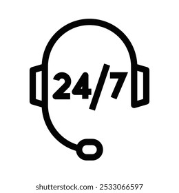 Ícone vetorial simples de um headset com texto "247", representando suporte ao cliente, serviços de helpdesk e assistência 24 horas por dia. Traçado editável.