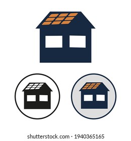 Simple vector icon of the home with photovoltaic cell on the roof.  Set of round black and white and color symbols of the building with solar panel