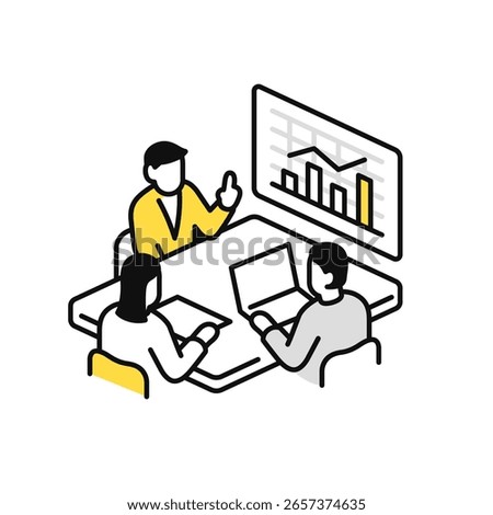 Simple vector icon illustration of business people having a meeting while looking at a graph