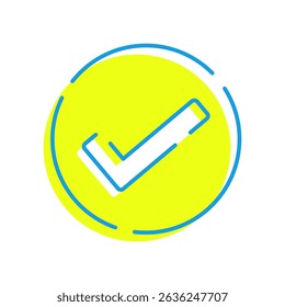 Simple vector icon illustration with a check mark in the center of a circle. Colors: blue and yellow.