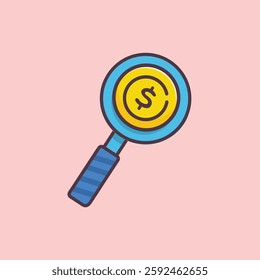 simple vector icon illustration depicting of ancient coin forming magnifying glass, representing numismatic value, at center for a website