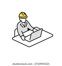 Ilustração de ícone de vetor simples de um trabalhador de campo trabalhando em um computador