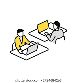 Einfache Vektorsymbol-Illustration eines Mannes, der in einem Coworking Space arbeitet