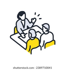 Simple vector icon illustration material of a senior couple consulting with a female planner