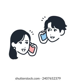 A simple vector icon illustration material of a young man and woman talking on a smartphone